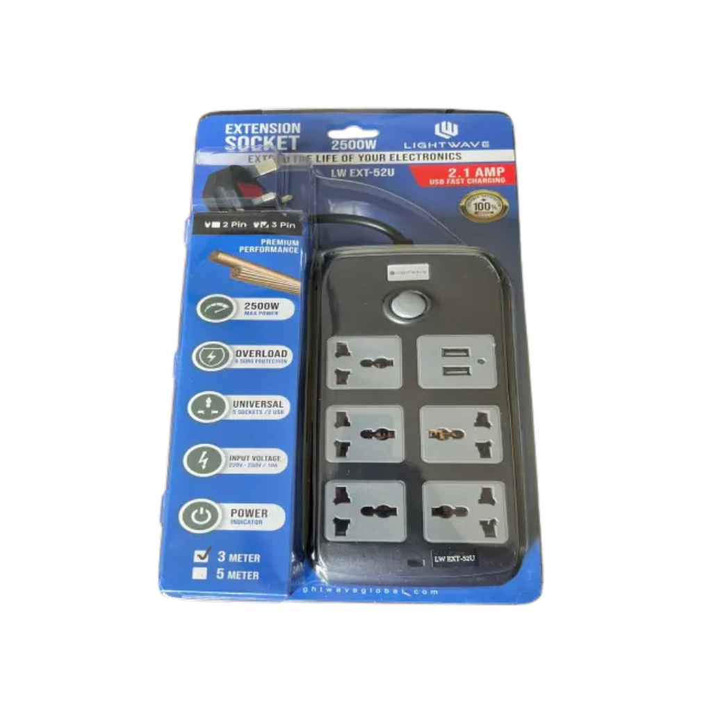 Lightwave Power Extension 5 Universal Socket 2 USB – LW EXT-52U