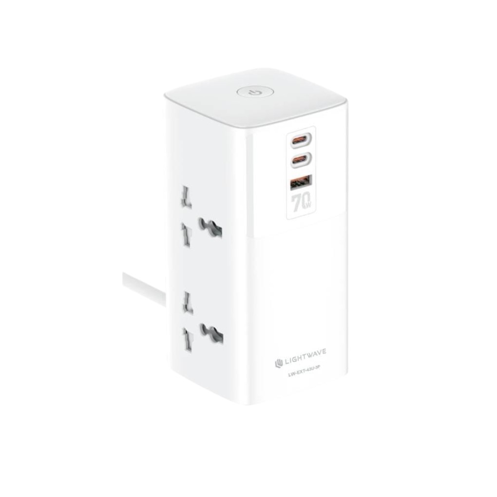 Light Wave LW-EXT-43U-3P Power Extension Tower 4-Way Socket with 3 USB 70W Super Fast Charging Surge Protection