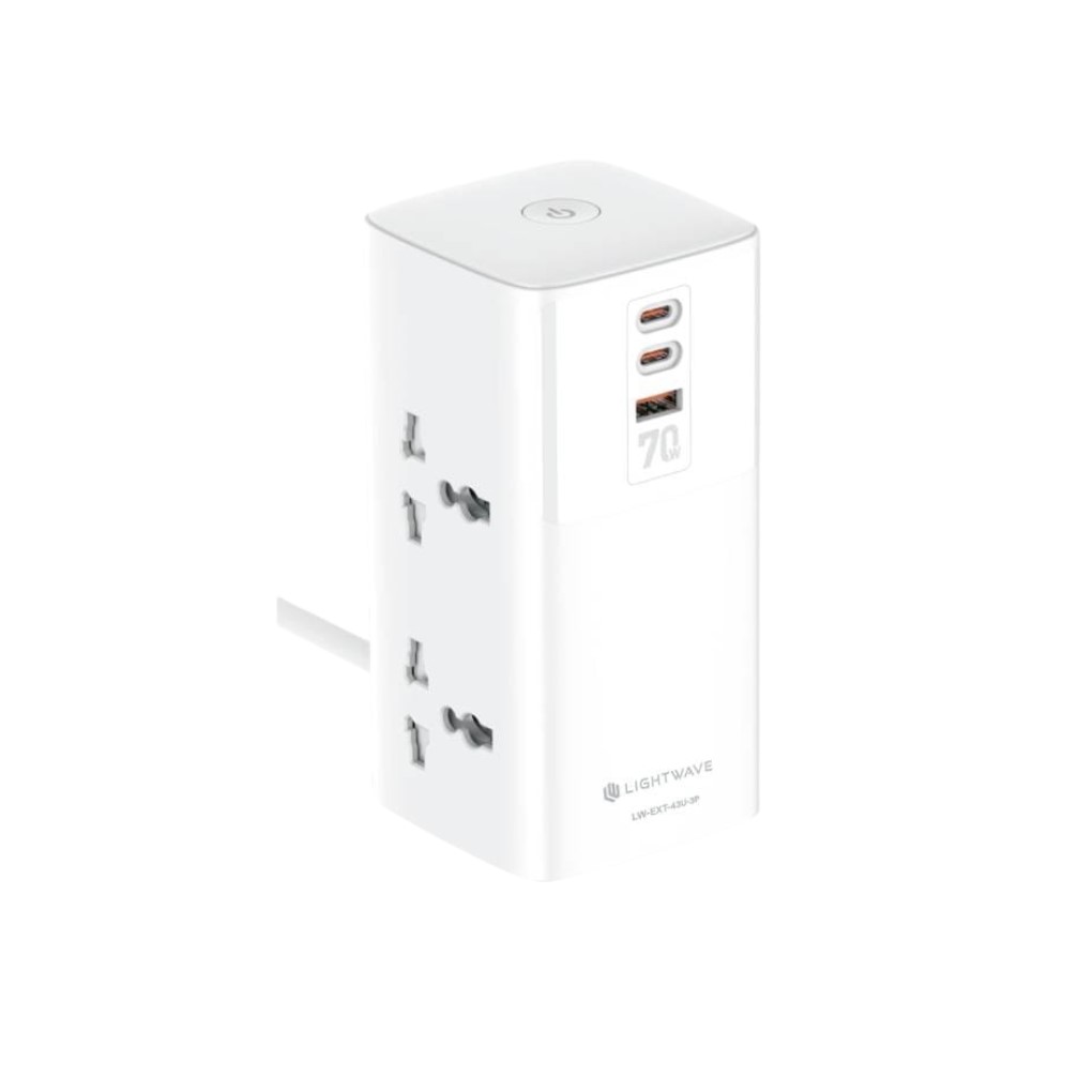 Light Wave LW-EXT-43U-3P Power Extension Tower 4-Way Socket with 3 USB 70W Super Fast Charging Surge Protection