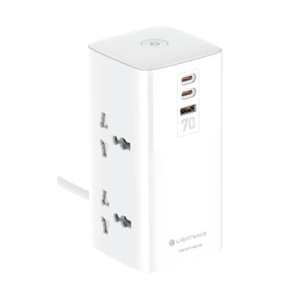Light Wave LW-EXT-43U-3P Power Extension Tower 4-Way Socket with 3 USB 70W Super Fast Charging Surge Protection