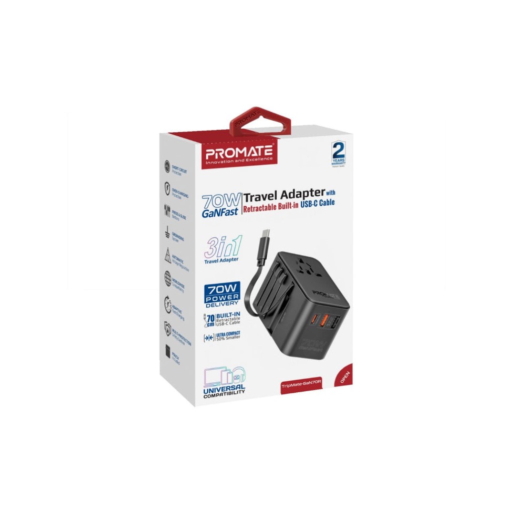 Promate 70W GaN Travel Adapter with Retractable USB-C