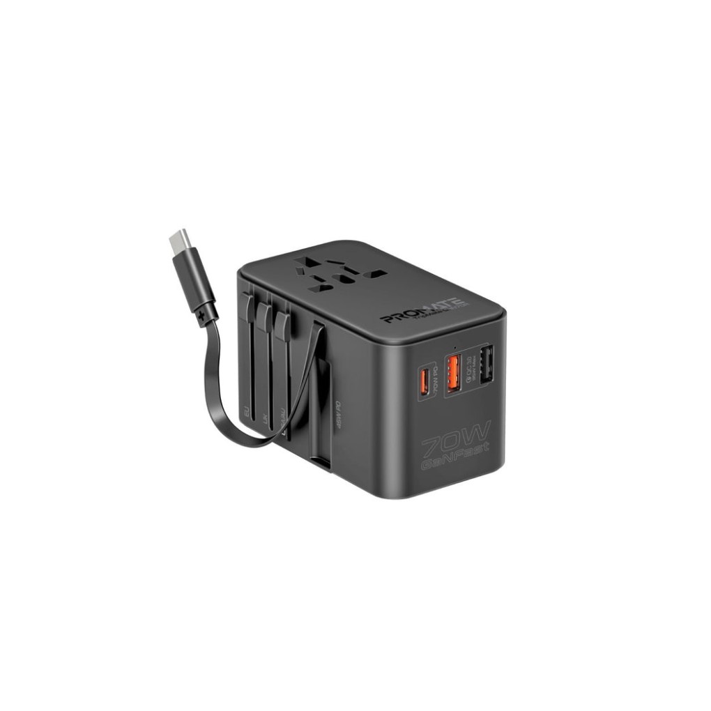 Promate 70W GaN Travel Adapter with Retractable USB-C