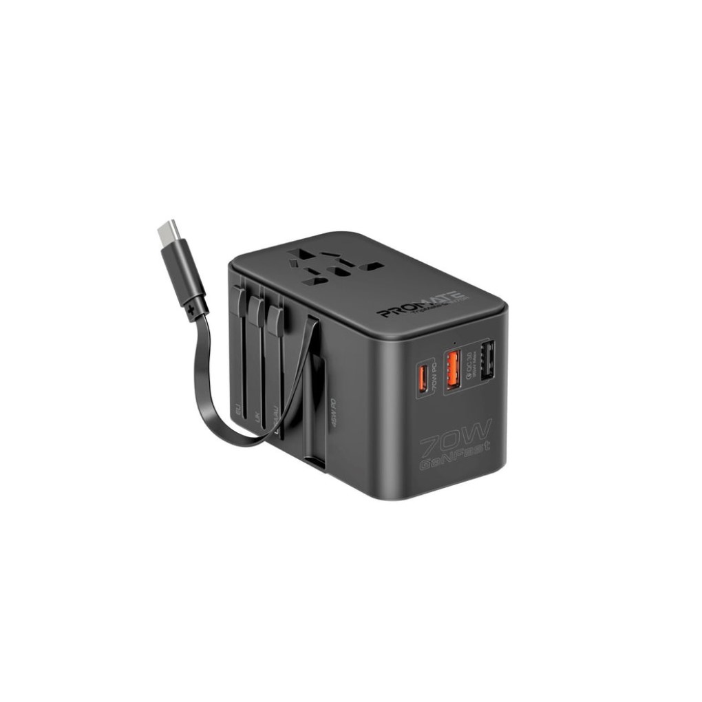 Promate 70W GaN Travel Adapter with Retractable USB-C